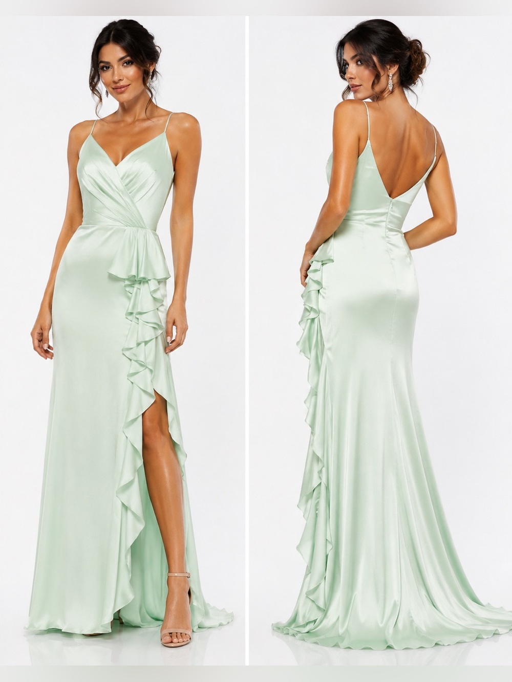 Mac Duggal Pistachio Green Ruffle Satin Trumpet Gown Size 8 NWT